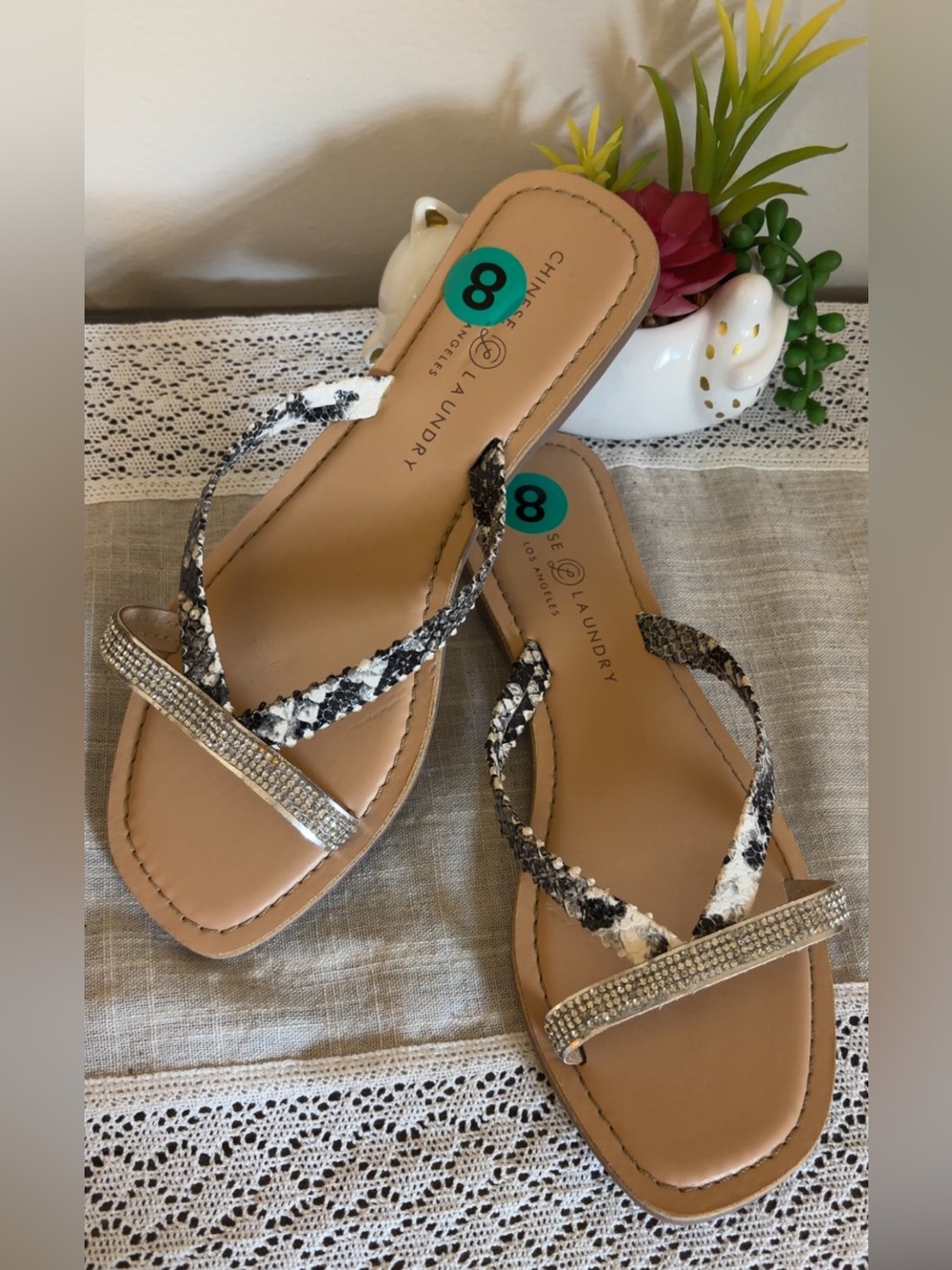 CL by Chinese Laundry Tan Snake-Print Rhinestone Thong Sandals
